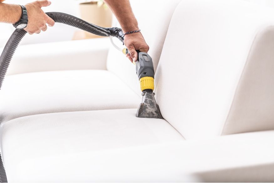 Worker using tool to clean white sofa