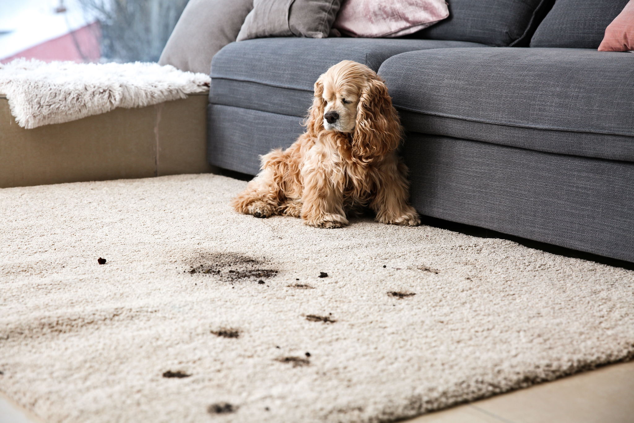 puppy with muddy paw prints on carpet